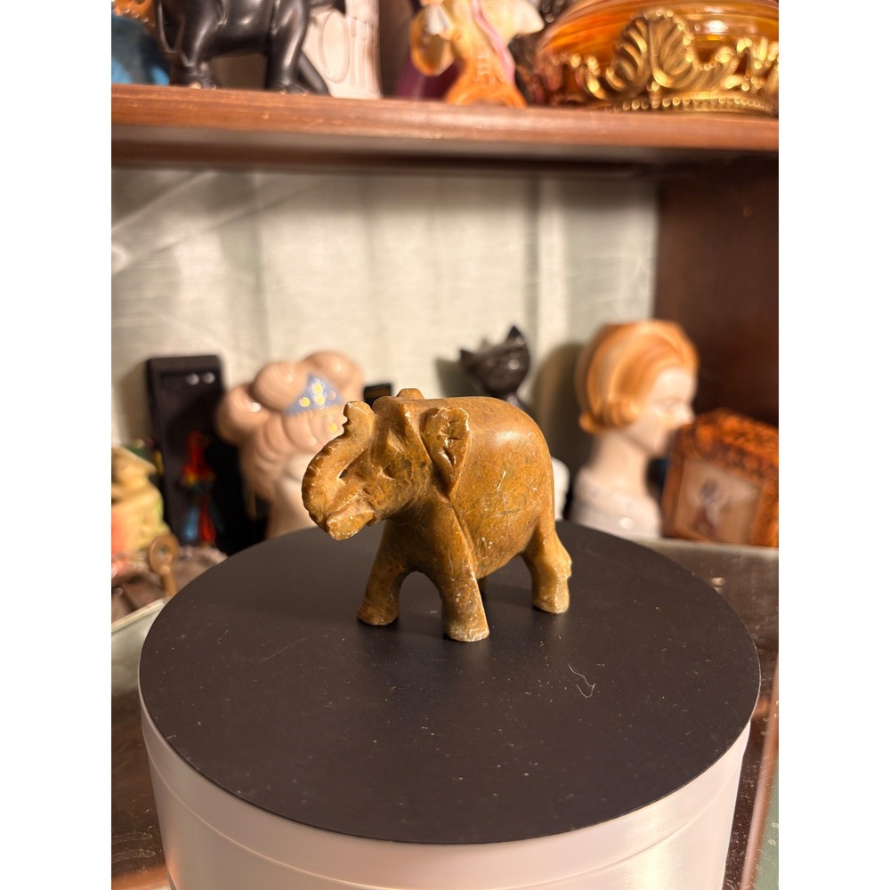 Vintage Hand Carved Stone Elephant Figurine Brown Marble Lucky Trunk Up Decor - Picture 5 of 7